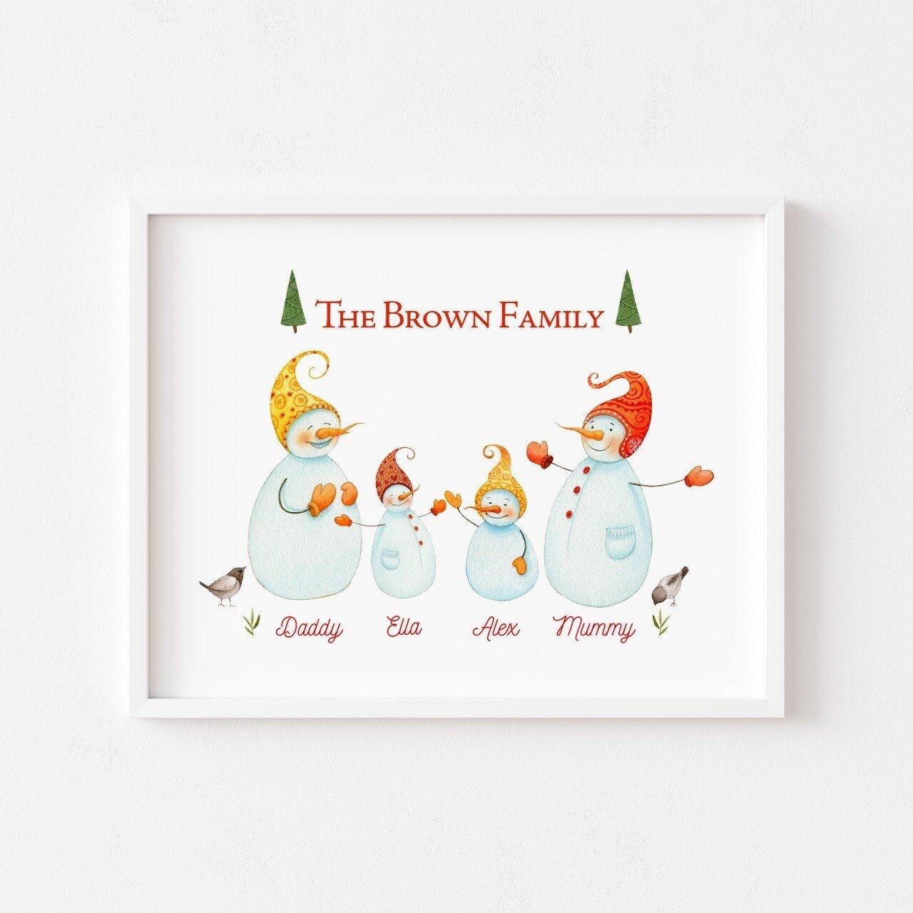 Personalised Christmas Family Poster, Snowman family name print, Mother's Day Gift