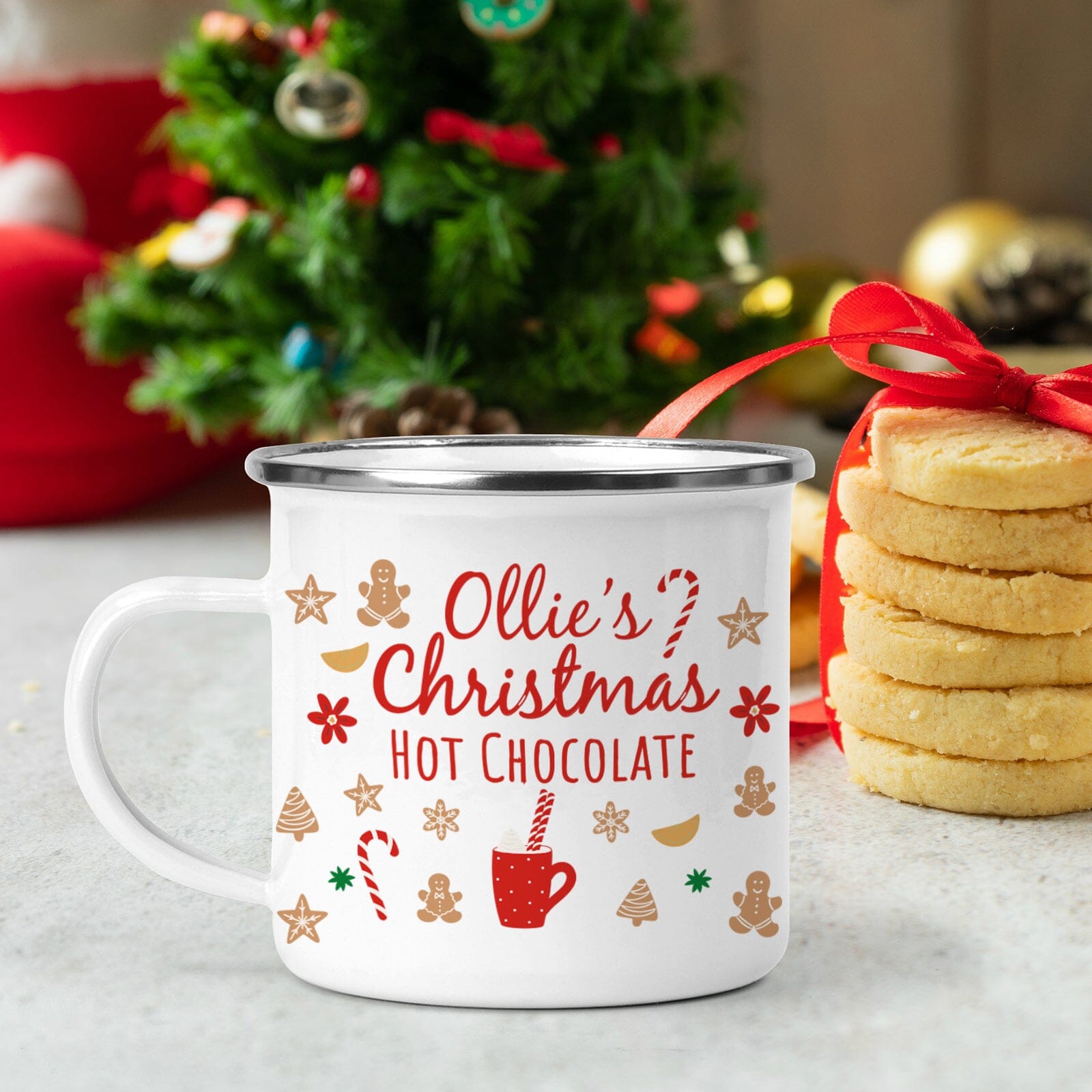 Personalised Christmas hot chocolate enamel mug, Gift for him, her, kids