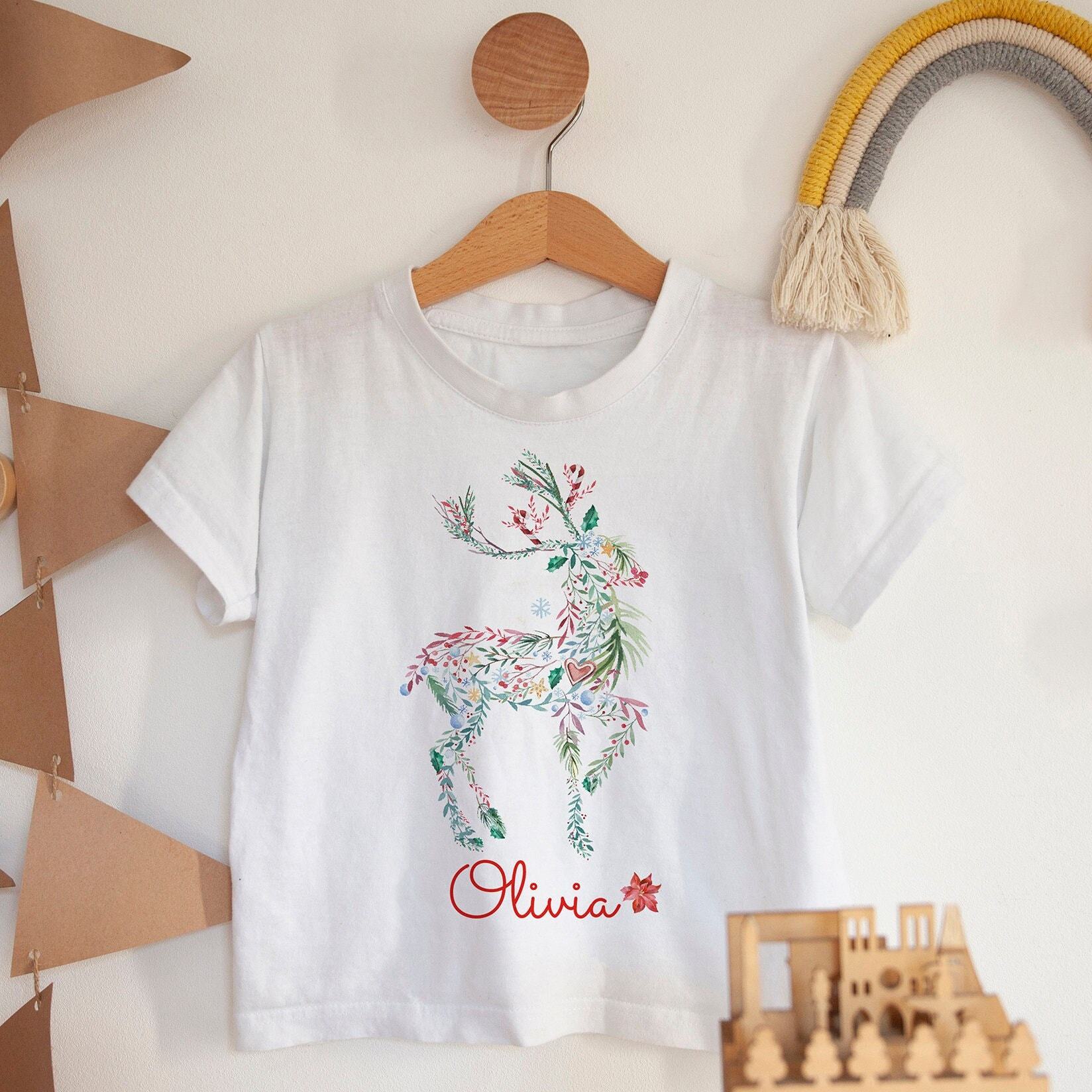 Personalised Christmas kids name t-shirt, Reindeer Xmas boy girl t shirt, top, Gift for kids
