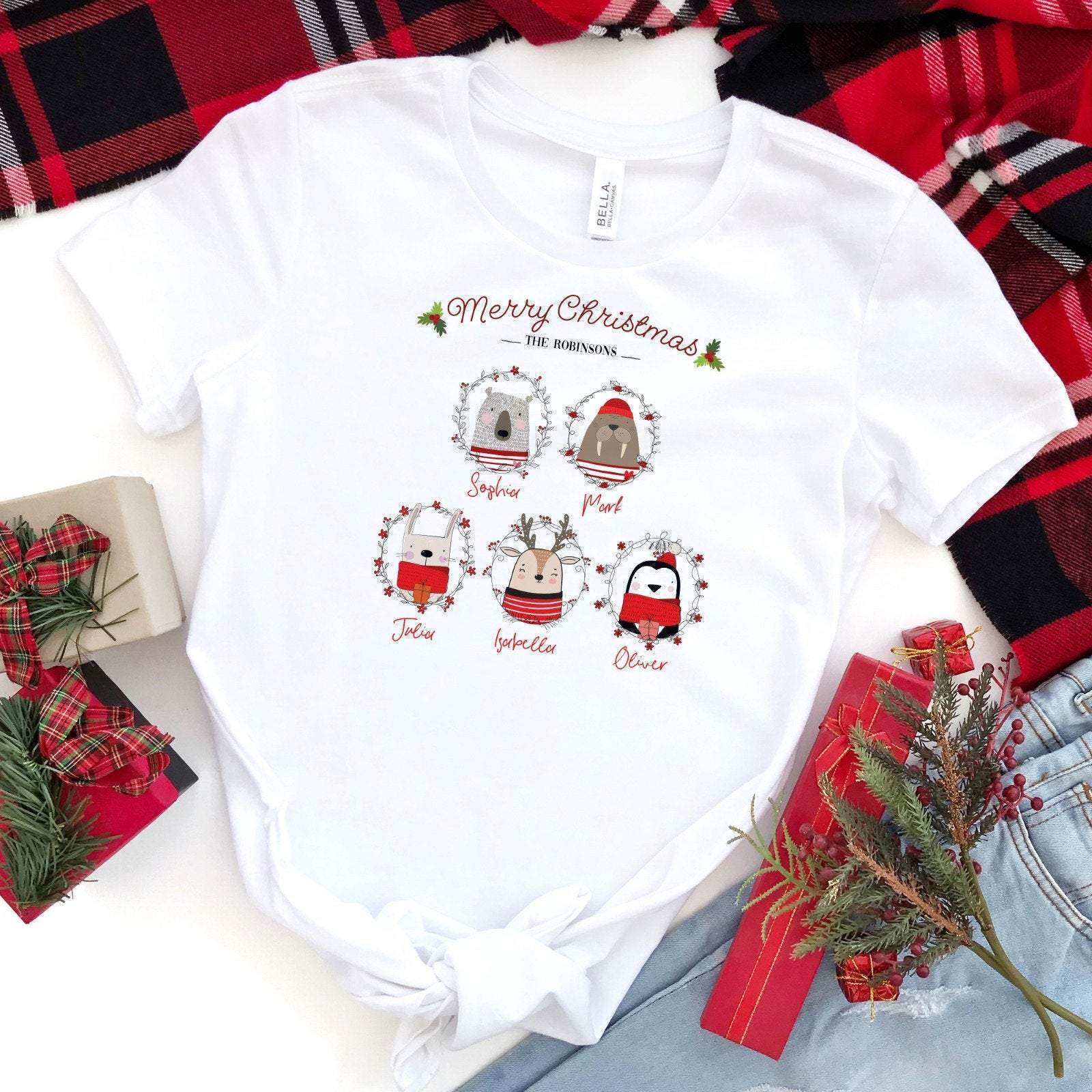 Personalised Cute Animal Family Christmas T-shirts, SUITABLE ALL AGES, Matching Family Xmas top