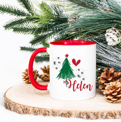 Personalised Cute Christmas tree name mug with Red Inner & Handle, Christmas Gift for her