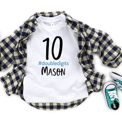 Personalised double digits kids 10th birthday t-shirt, boys t-shirt, girls t-shirt