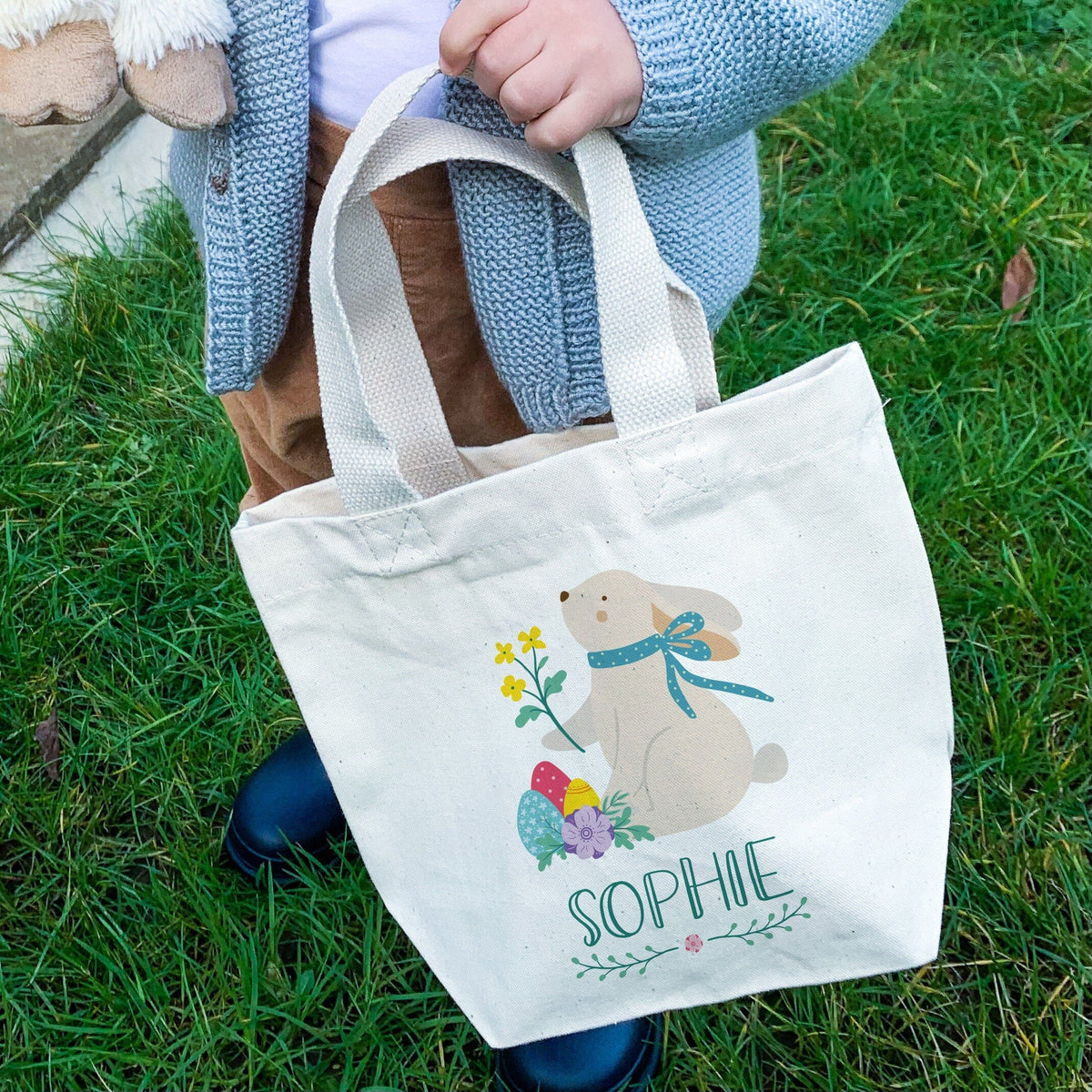 easter bag, linen look boy easter bunny truck personalized tote bag