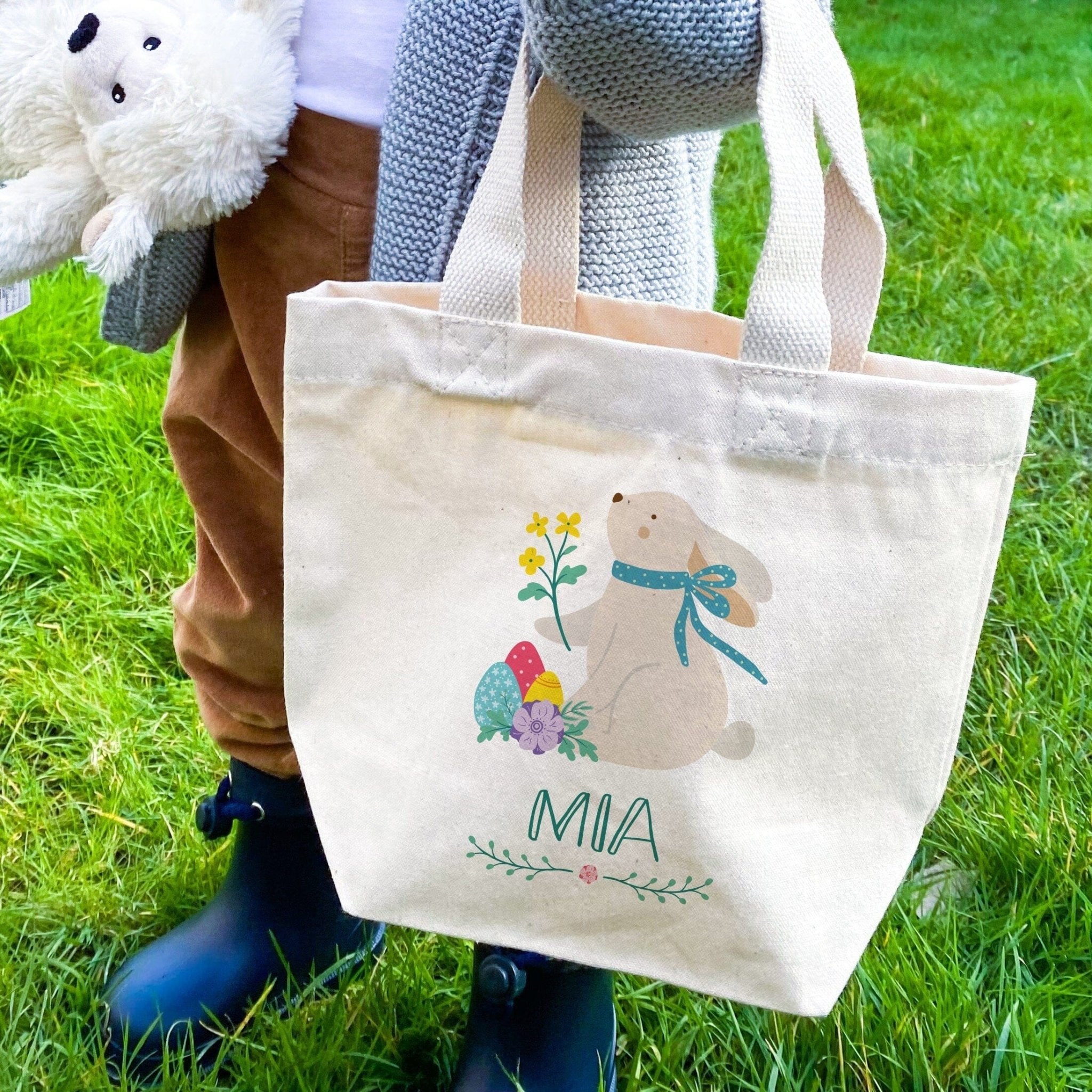 Personalised Easter bunny mini tote bag, Kids Basket for boys girls, First 1st Egg hunt bag