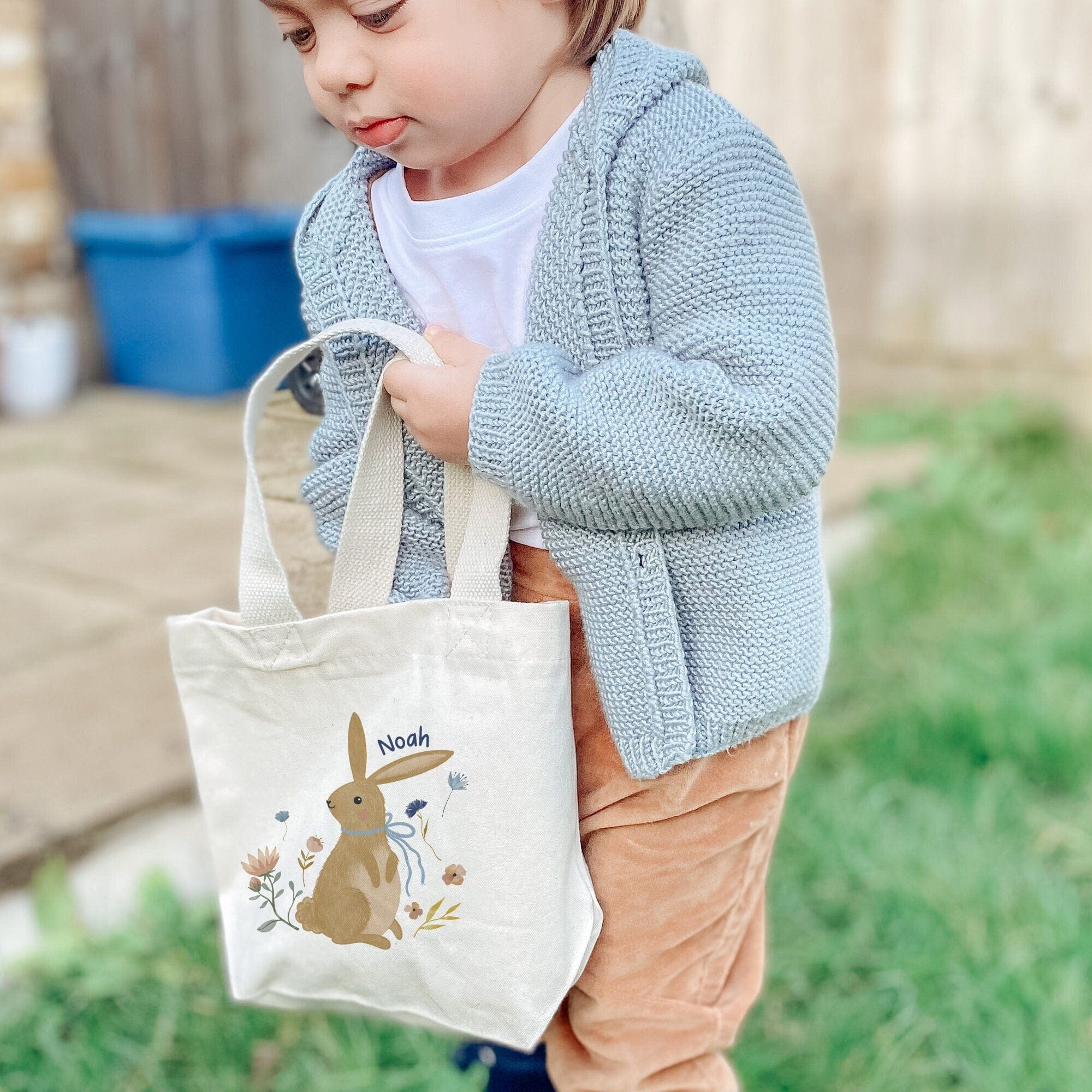 Personalised Easter bunny mini tote bag with name, Kids Basket for boys girls, Spring baby birthday gift