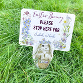 Personalised Easter Bunny Stop Here Sign with name, Easter Decoration, Stake Egg Hunt Garden Decor