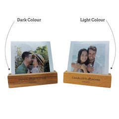 Personalised Engagement Or Wedding Gift, Polaroid Photo Laser Engraved Names Wooden Stand And Hidden Message