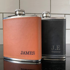 Personalised Engraved Pu Leather 6Oz Flask, Wedding Gift For Father Of The Bride Groom