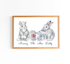 Personalised Family Poster, Bunny family print, Mother's Day Gift, Rabbit family name sign, Gift for mum