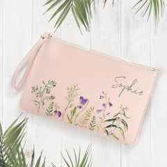 Personalised floral design clutch with name, friend, Bride, bridesmaid, maid of honour, Makeup bag