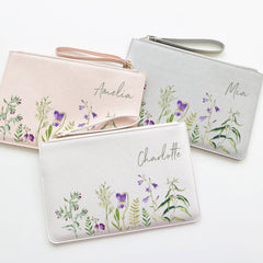 Personalised floral design clutch with name, friend, Bride, bridesmaid, maid of honour, Makeup bag