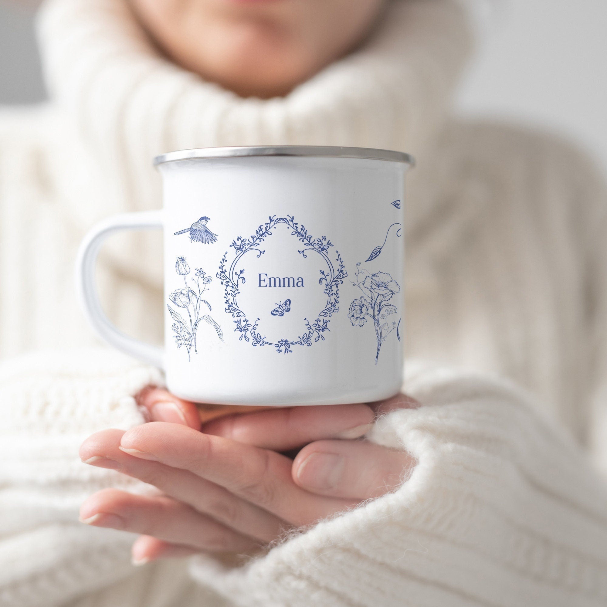 Personalised flowers enamel mug, Floral gift for her, Wife Girlfriend Daughter Gift