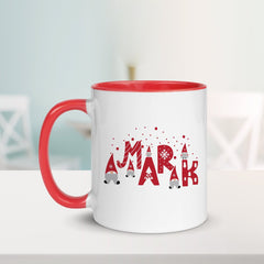 Personalised Gnome Christmas name mug with Red Inner & Handle, Gift for him or her