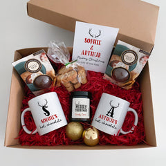 Personalised Hot Chocolate Gift Set for him and her, Mug Candle Biscotti Card, Xmas Box Luxury Hamper