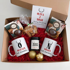 Personalised Hot Chocolate Gift Set for him and her, Mug Candle Biscotti Card, Xmas Box Luxury Hamper