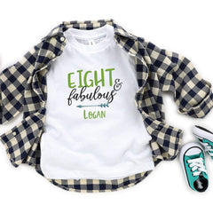 Personalised kids birthday t-shirt with name and age, eight & fabulous, nine, ten