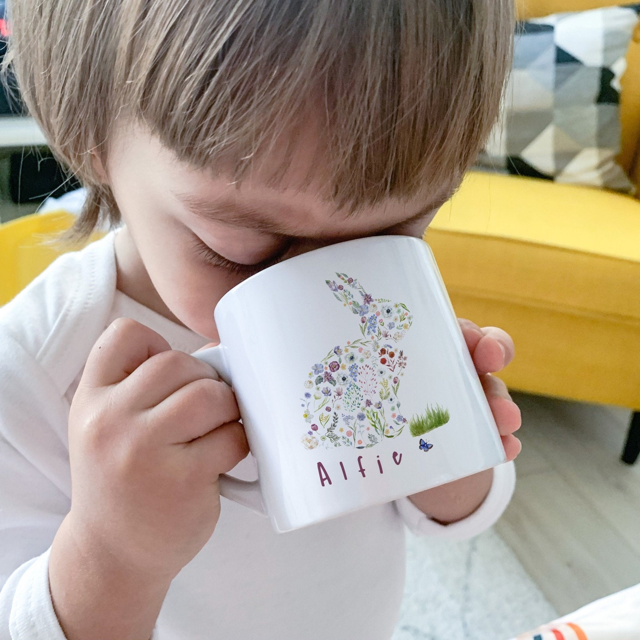 Personalised Kids Bunny Mug with name, Floral First Easter Bunny Mug, Gift For Toddler Children