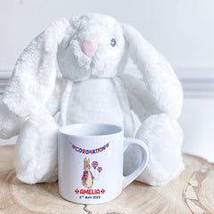 Personalised Kids Coronation mug with name, BABY KIDS Union Jack Peter Rabbit gift for boy girl