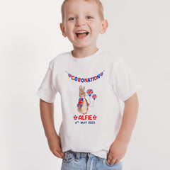 Personalised Kids Coronation t-shirt with name, BABY KIDS Union Jack Peter Rabbit Party outfit