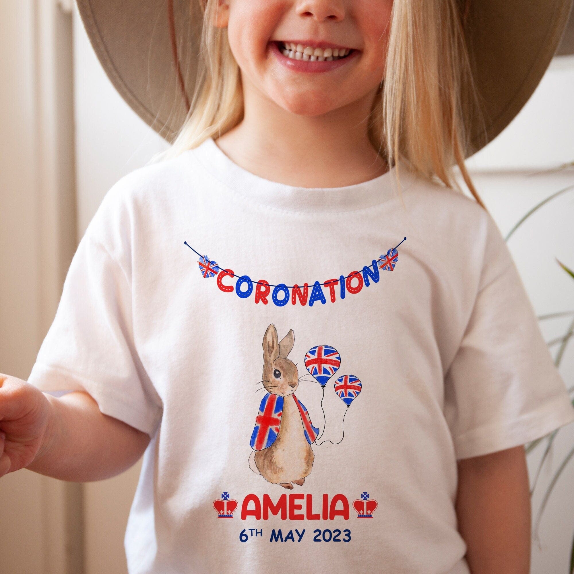 Personalised Kids Coronation t-shirt with name, BABY KIDS Union Jack Peter Rabbit Party outfit