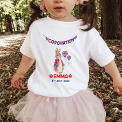 Personalised Kids Coronation t-shirt with name, BABY KIDS Union Jack Peter Rabbit Party outfit