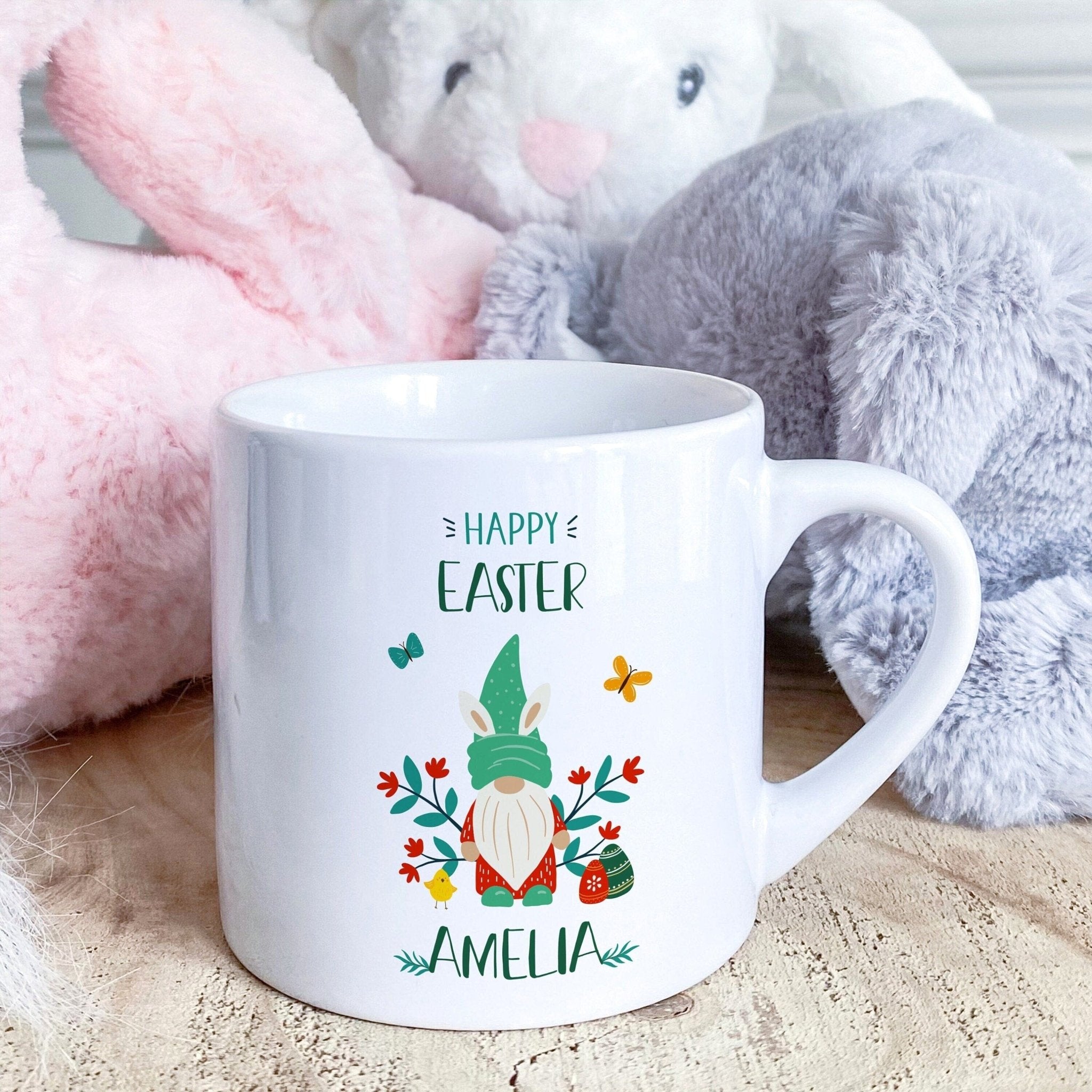 Personalised Kids Gnome Mug with name, 6oz Cute Floral First Easter Mug, Christmas Birthday Gift For Children's