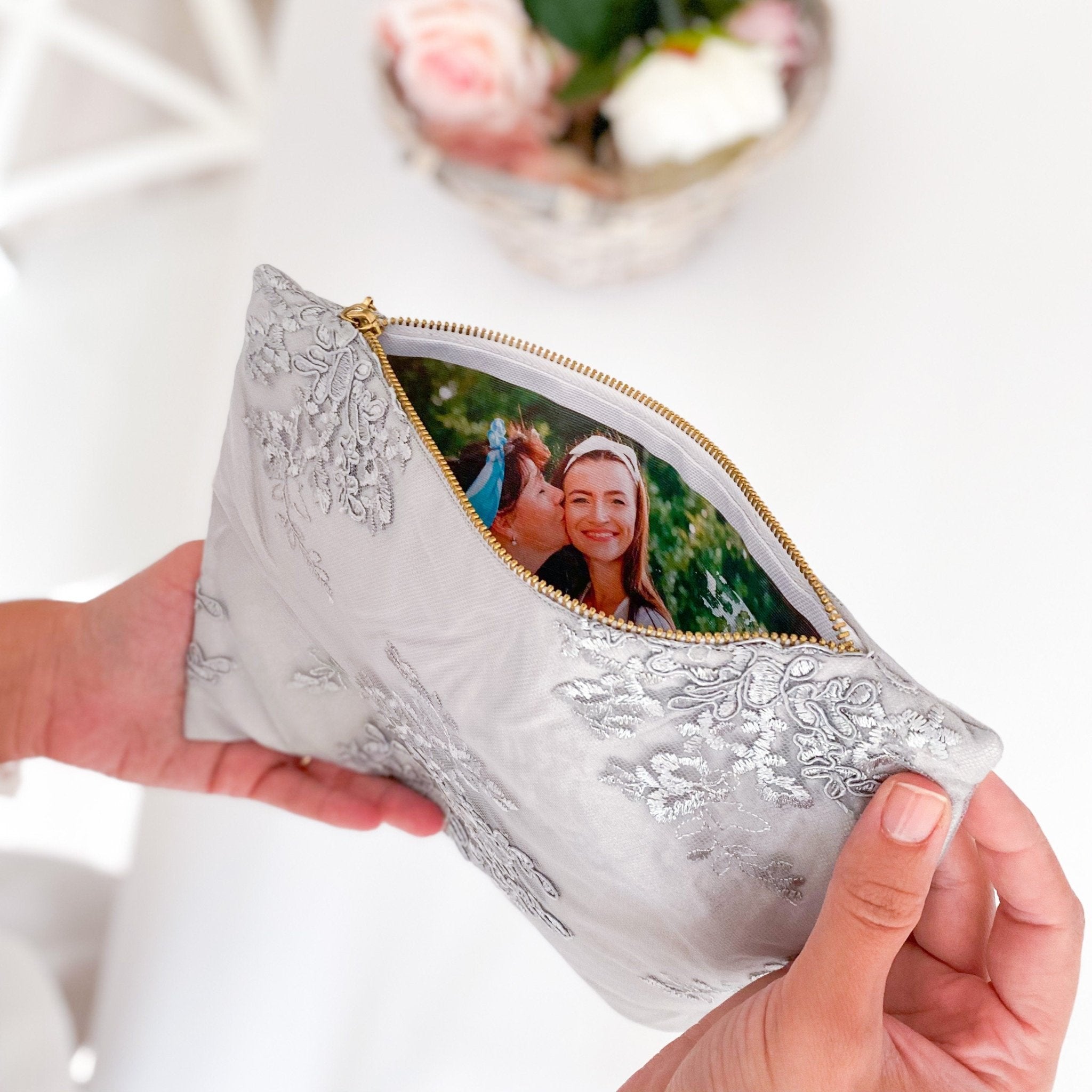 Personalised lace purse with photo Wedding Gift for mum Make up bag Christmas Mother's Day gift for her