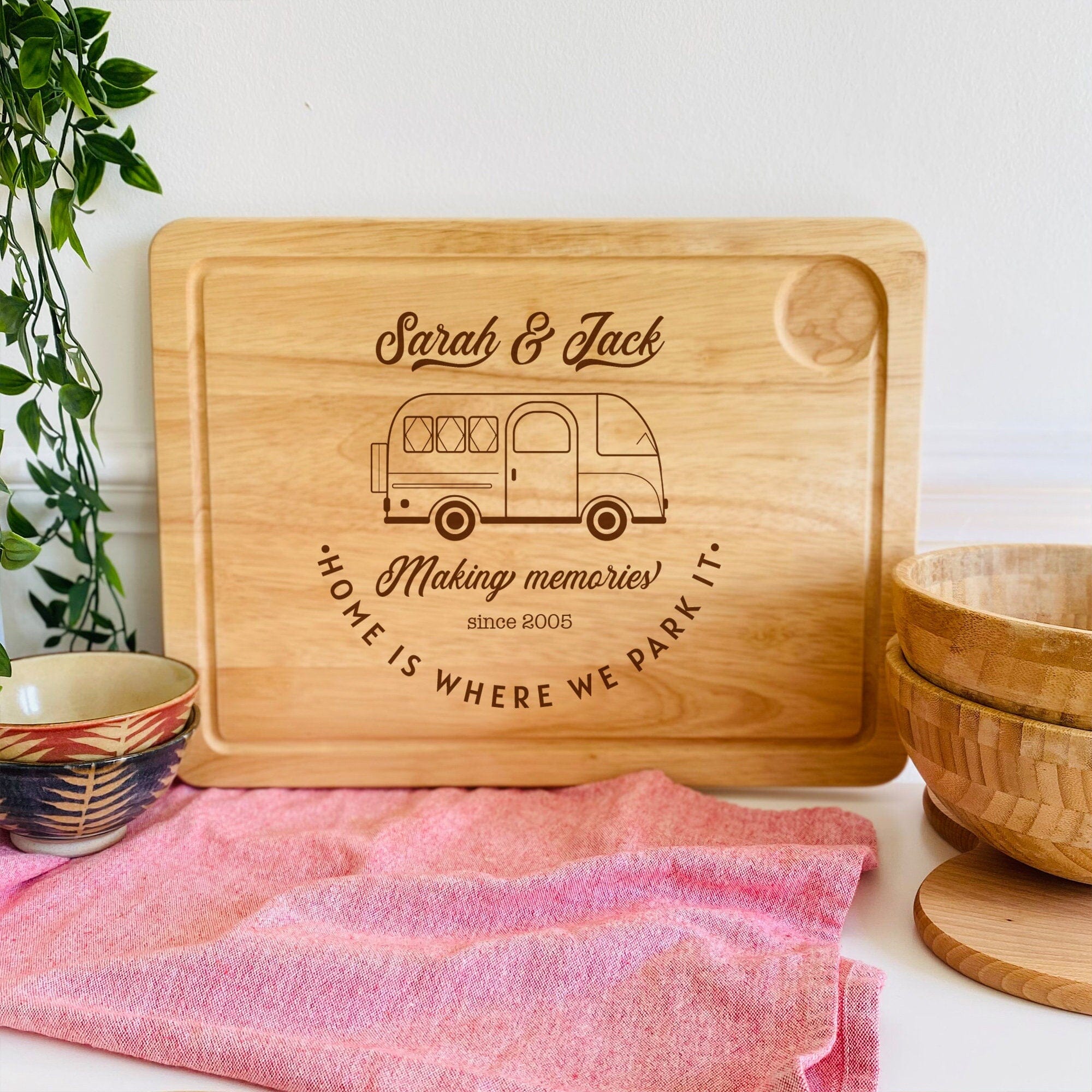 Personalised Laser Engraved Campervan Wooden Chopping Board, New Caravan Couple Accessories Camping