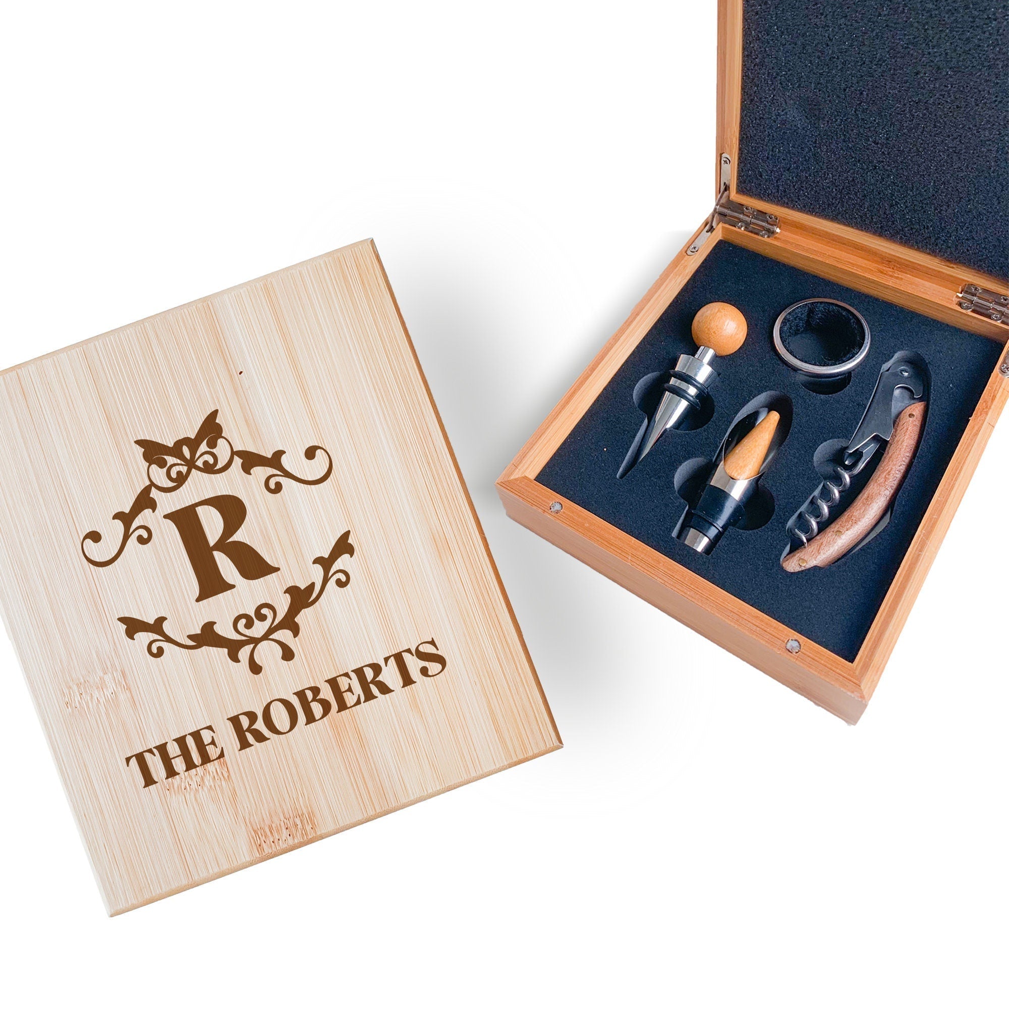 Personalised Laser Engraved Wooden Wine Tool Set, Wine Gift For Her Him Daddy, Accessories Opener Set