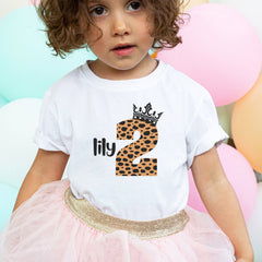 Personalised Leopard and Crown Kids Birthday T-shirt, Birthday Boy Girl T shirt Top, Gift Cute Themed