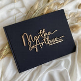 Personalised Linen Cover Wedding Guest Book With Wooden Text, Engagement Anniversary Keepsake Wood Decor