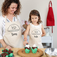 Personalised matching family apron with names, Head chef, sous chef mum and daughter aprons