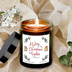 Personalised Merry Christmas Candle, Christmas Gift for Her Him, Robin with Santa Hat, 1st Xmas as a family