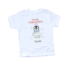 Personalised Merry Christmas Kids T-shirt And Bodysuit With Name, Penguin First Xmas Boy Girl Top