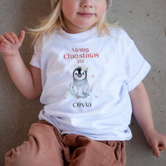 Personalised Merry Christmas Kids T-shirt And Bodysuit With Name, Penguin First Xmas Boy Girl Top