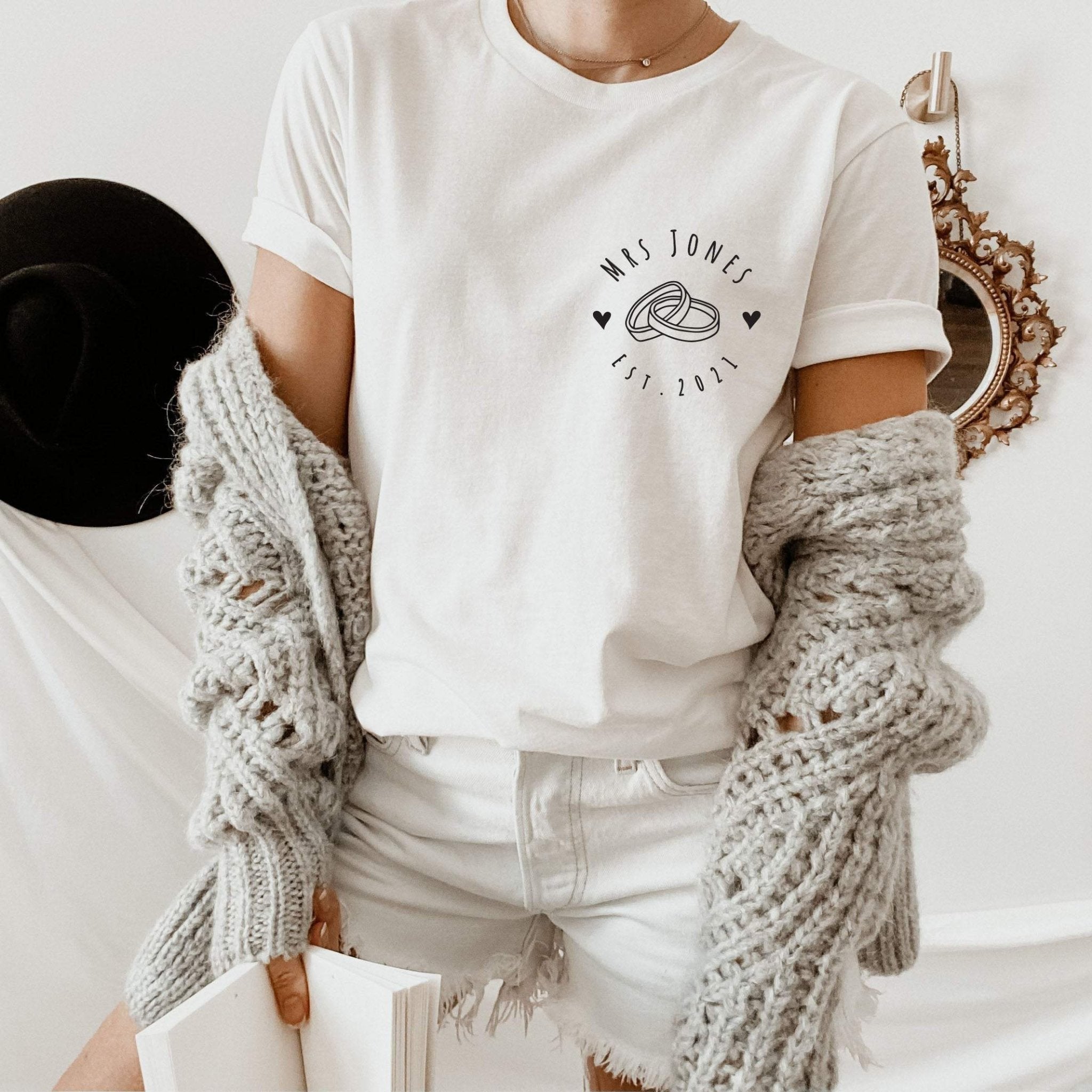Personalised Mrs T-shirt, Bride Mrs last name shirt, Honeymoon top, Est 2021, Bachelorette Party Top