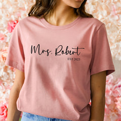 Personalised Mrs T-Shirt With Last Name And Established Date, Gift For Bride, Future Mrs Shirt