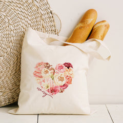 Personalised mum nanny name tote bag, Flower heart Shopping or knitting bag, Gift for her mum