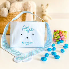 Personalised My First Easter basket with long ears, Pink or blue cotton egg hunt bag, Easter decoration