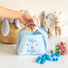 Personalised My First Easter basket with long ears, Pink or blue cotton egg hunt bag, Easter decoration