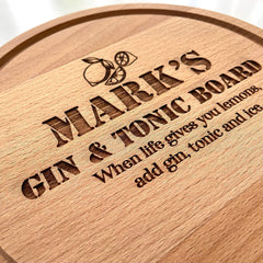 Personalised name engraved gin tonic board, Gin and tonic gift, Gift for birthday, new home gift