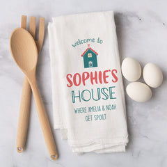 Personalised Nanny'S House Tea Towel With Grandchildren Names, Kitchen Housewarming