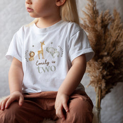 Personalised Safari Kids Birthday T-Shirt, Boy Girl Tshirt Top, Wild One Woodland, Is One