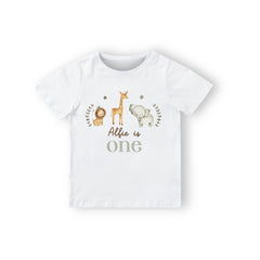 Personalised Safari Kids Birthday T-Shirt, Boy Girl Tshirt Top, Wild One Woodland, Is One