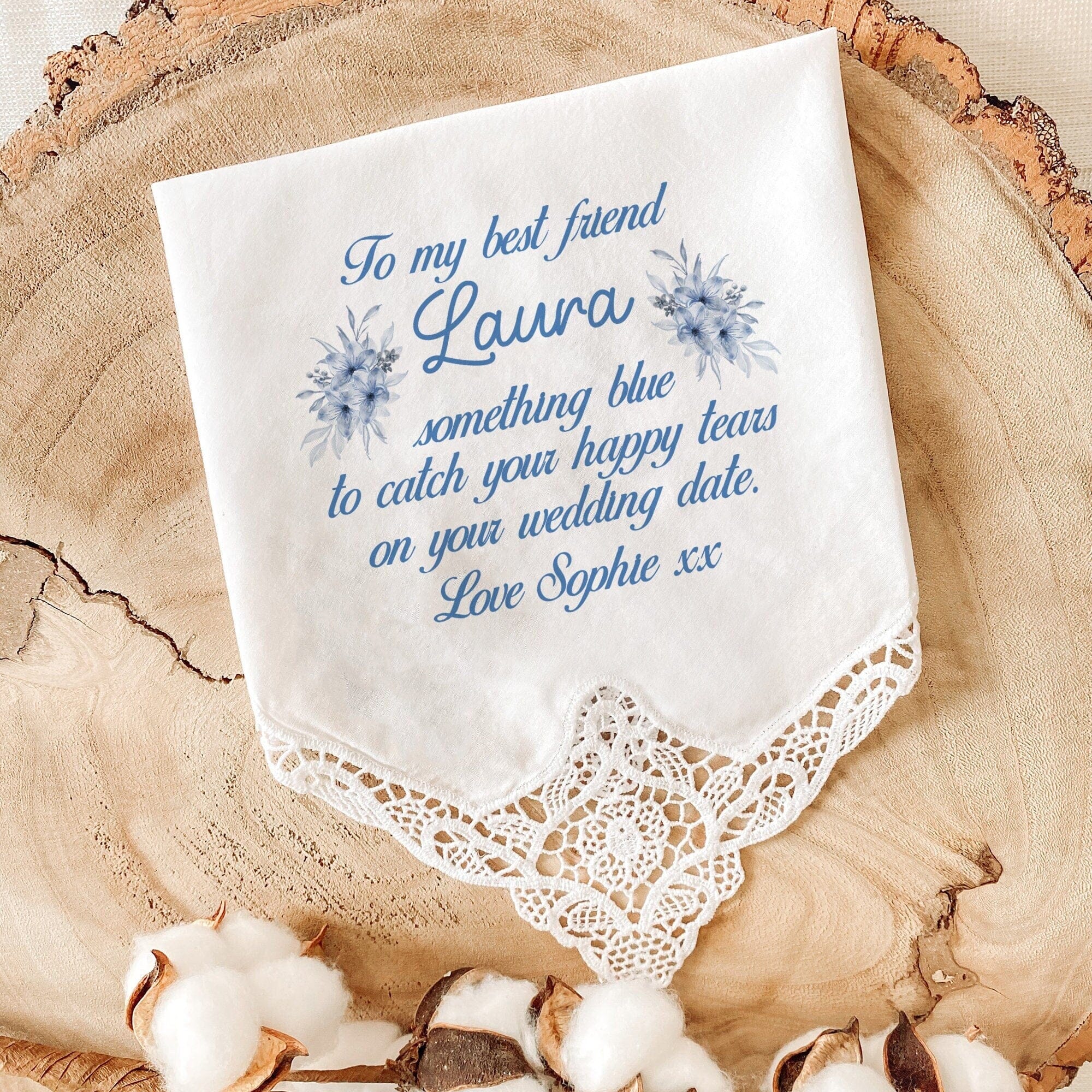 Personalised something blue wedding handkerchief Bridal shower hanky Gift for bride