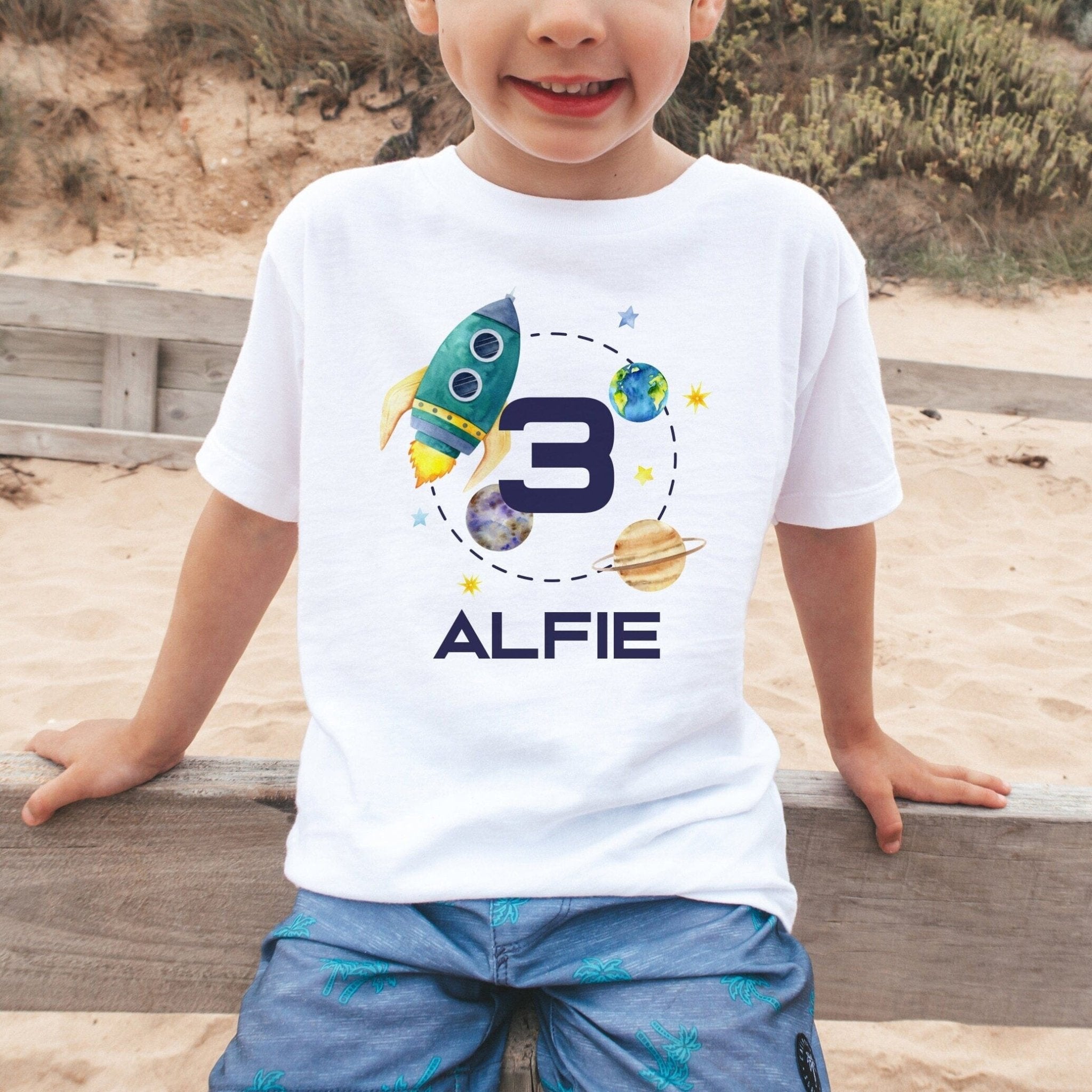 Personalised Space and Rocket Kids Birthday T-shirt, Birthday Boy Girl T shirt Top, Gift Cute Themed