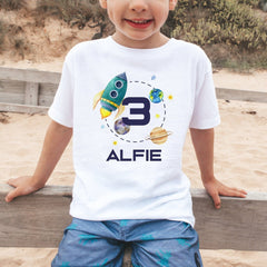 Personalised Space and Rocket Kids Birthday T-shirt, Birthday Boy Girl T shirt Top, Gift Cute Themed