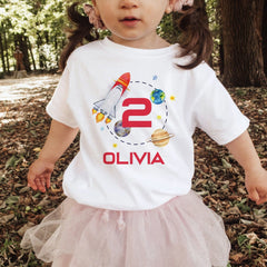 Personalised Space and Rocket Kids Birthday T-shirt, Birthday Boy Girl T shirt Top, Gift Cute Themed
