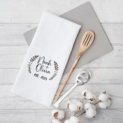 Personalised tea towel with couple name and est date, Engagement gift, Mr and Mrs, Housewarming gift