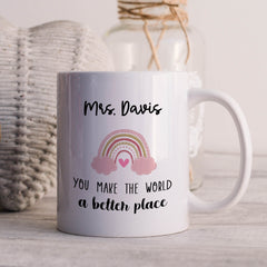 Personalised Teacher Mug, Rainbow, Teacher End Of Term Thank You Gift With Name
